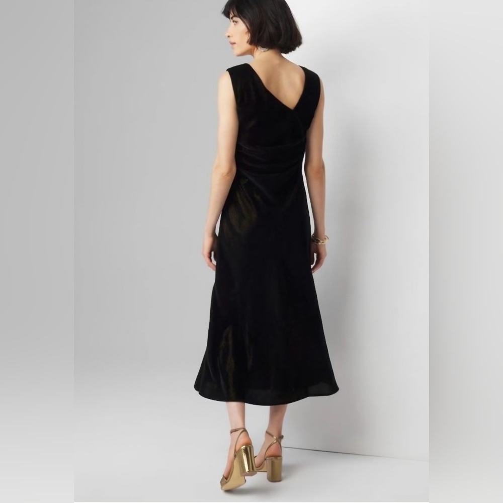 WHBM Black Velvet Metallic Shine Asymmetric V-back Rusched Midi Slip Dress